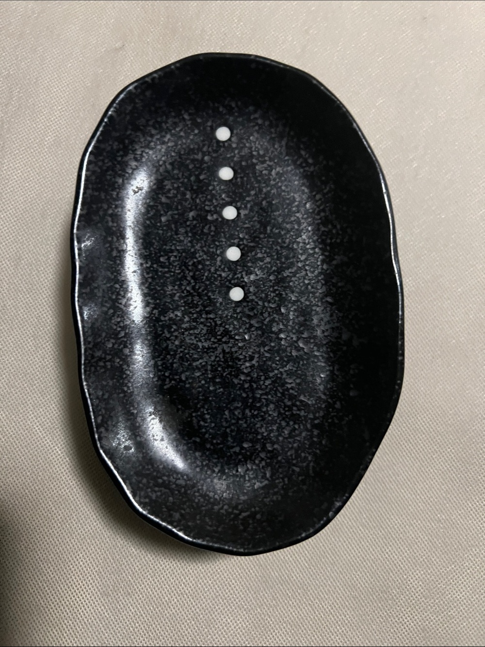 Vintage Japanese Wabi-Sabi Black Stoneware Soy Sauce Dishes White Dots Set of 4